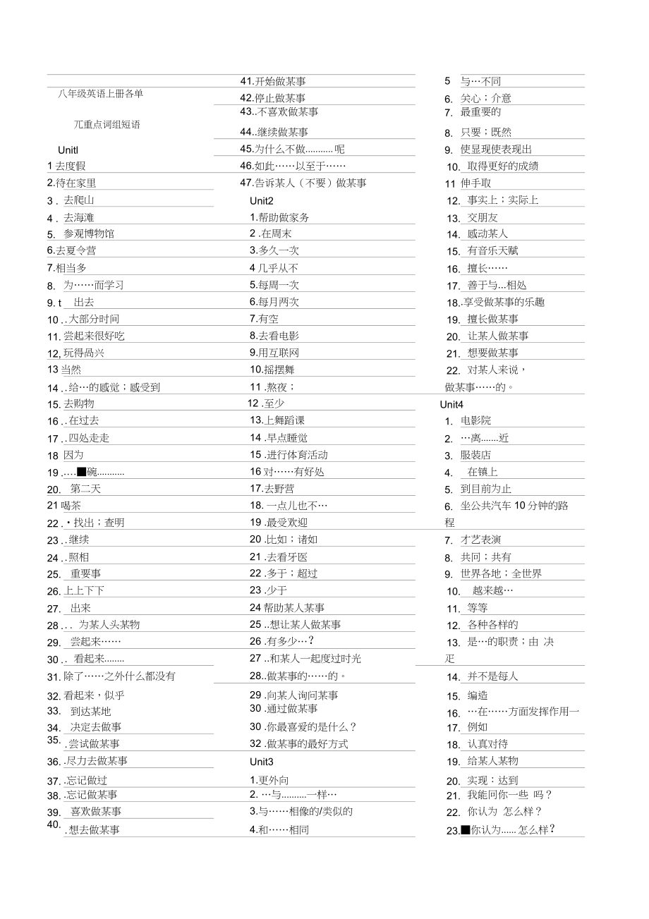 2020年八年级英语上册各单元重点词组短语人教新目标版_第1页