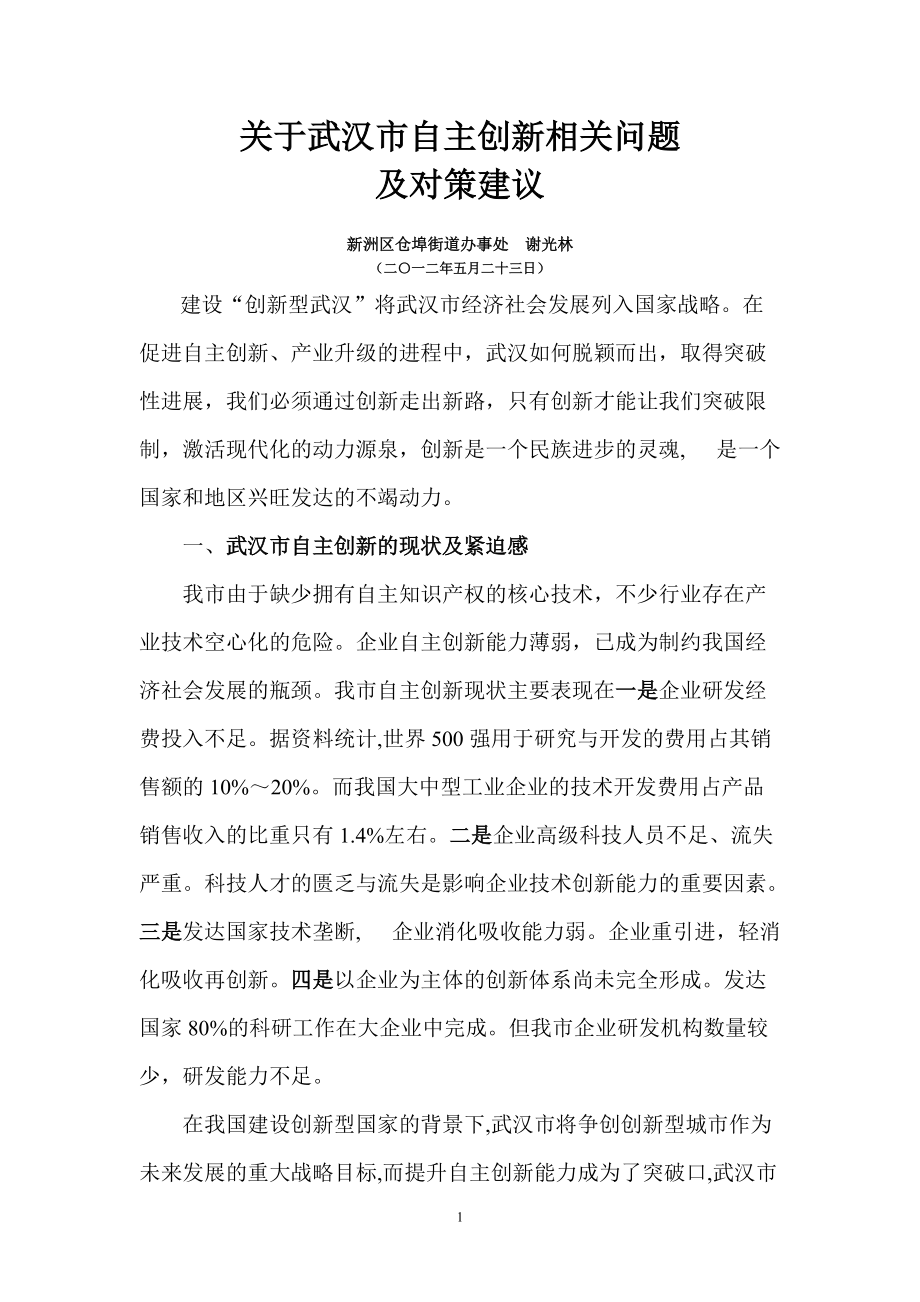 关于武汉市自主创新对策及建议_第1页