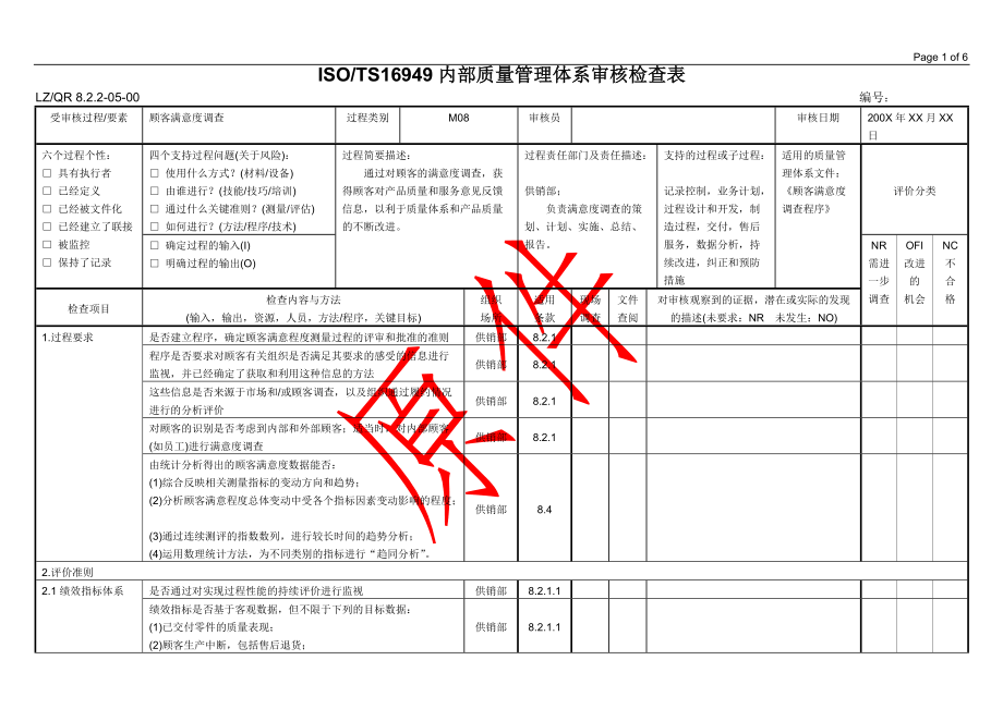 內(nèi)部質(zhì)量管理體系審核檢查表（M08 顧客滿意度調(diào)查）_第1頁