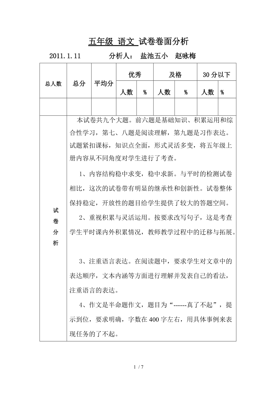 五年级语文 试卷卷面分析上(赵咏梅)_第1页