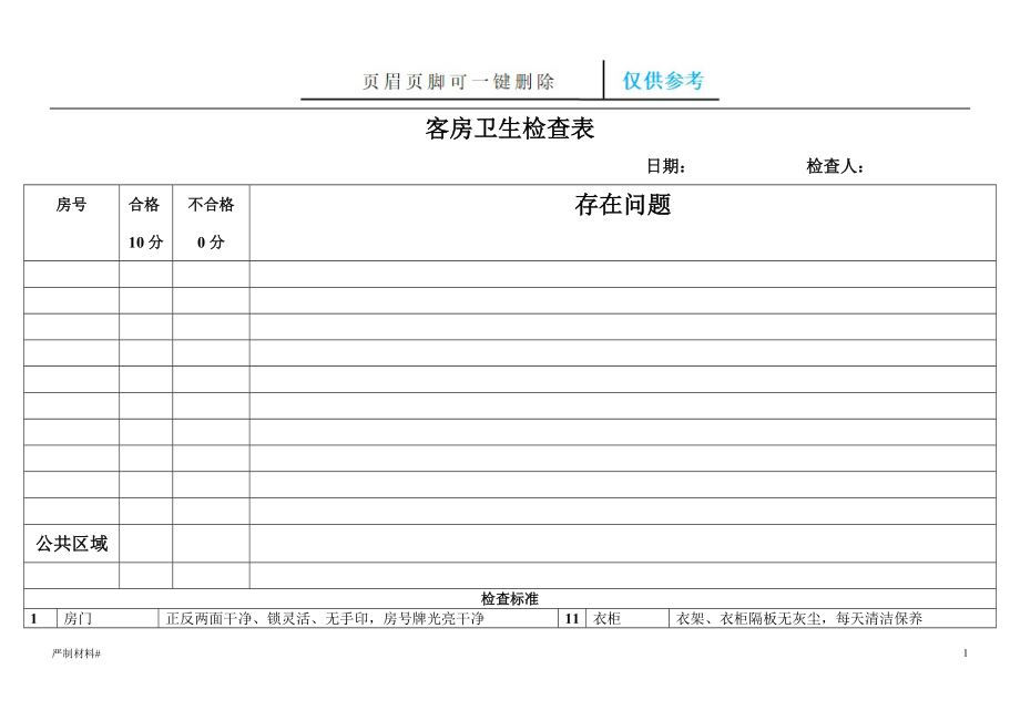 客房衛(wèi)生檢查表【知識材料】_第1頁