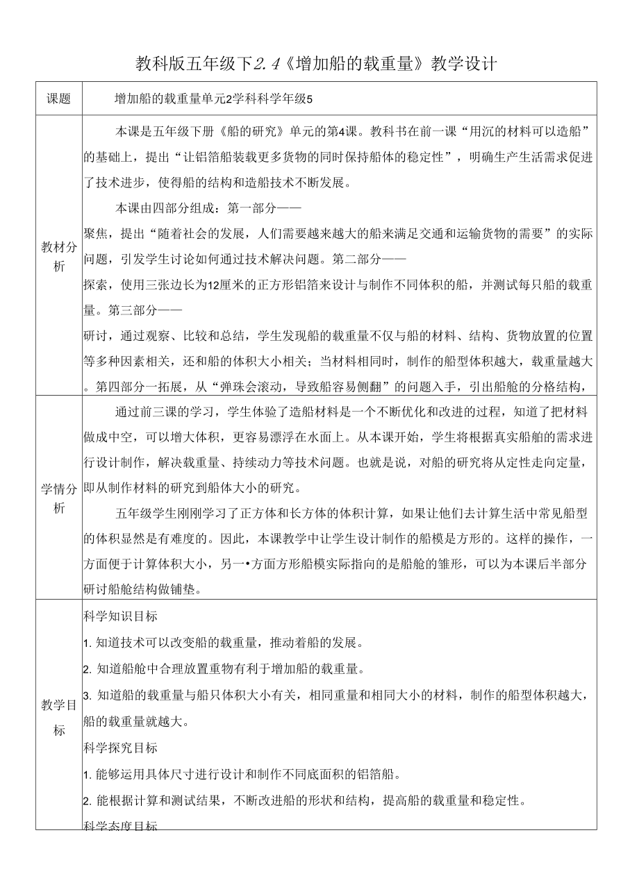 2021-2022學年度教科版五年級科學下冊第4課 增加船的載重量教學設(shè)計.docx_第1頁