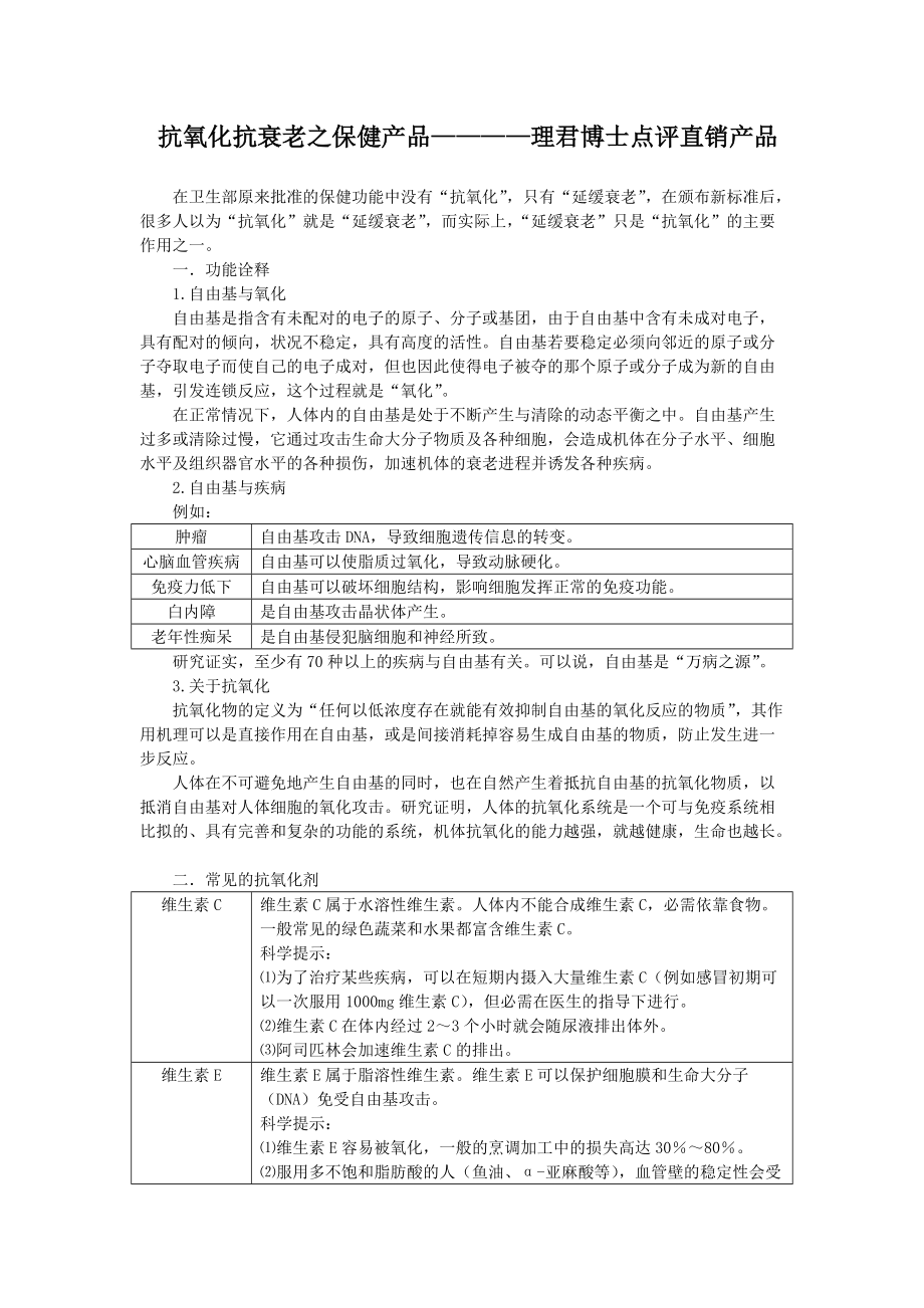 抗氧化抗衰老之保健产品————理君博士点评直销产品_第1页