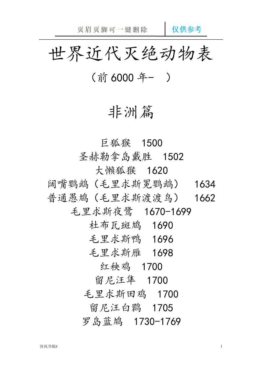 世界近代滅絕動(dòng)物表【參考內(nèi)容】_第1頁(yè)