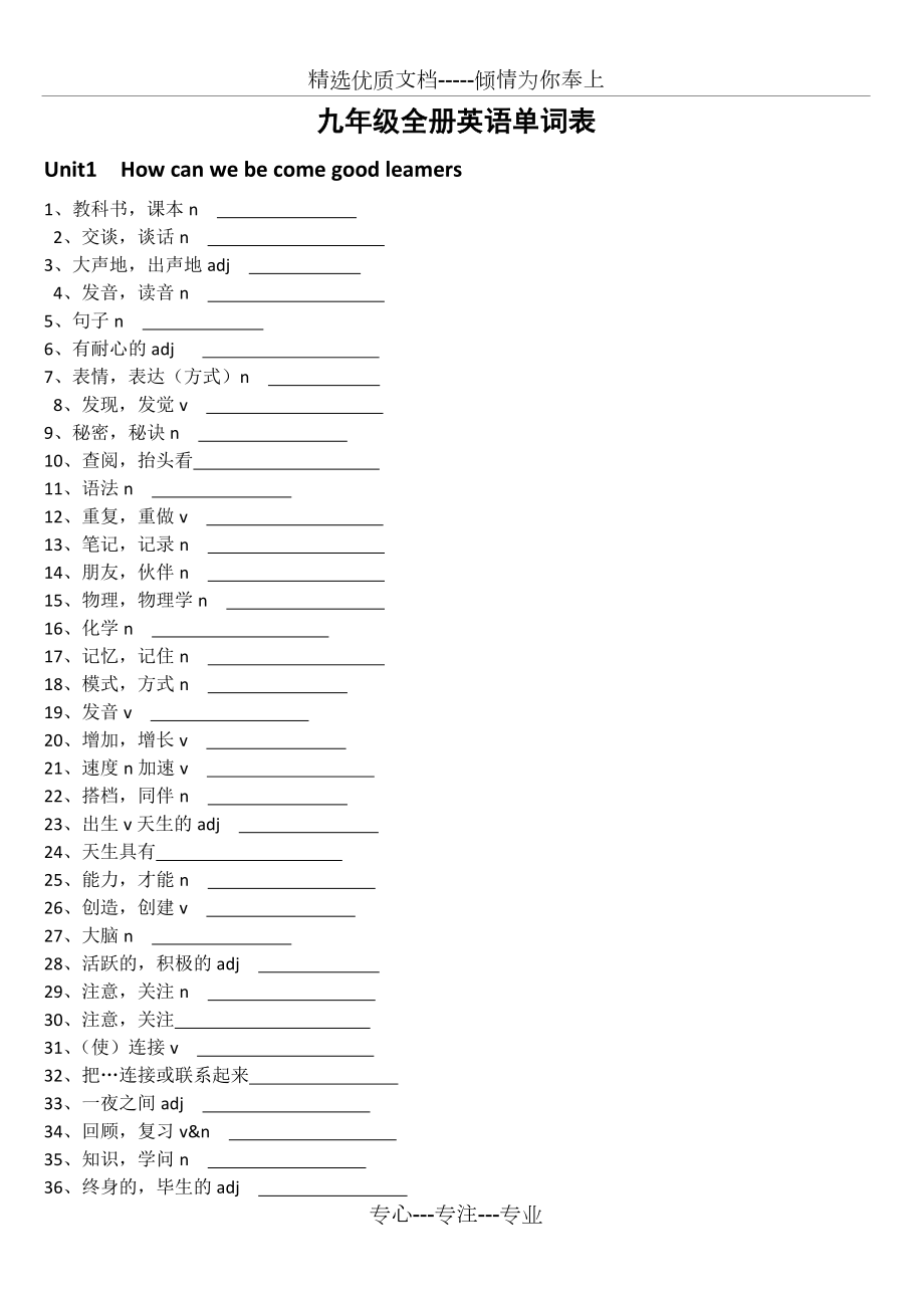 九年级全册英语单词听写表_第1页