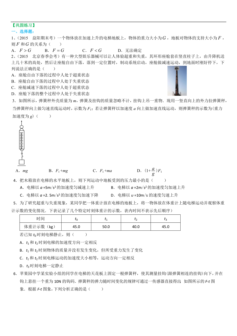 高考物理必修知識點鞏固練習(xí) 超重和失重 提高_第1頁