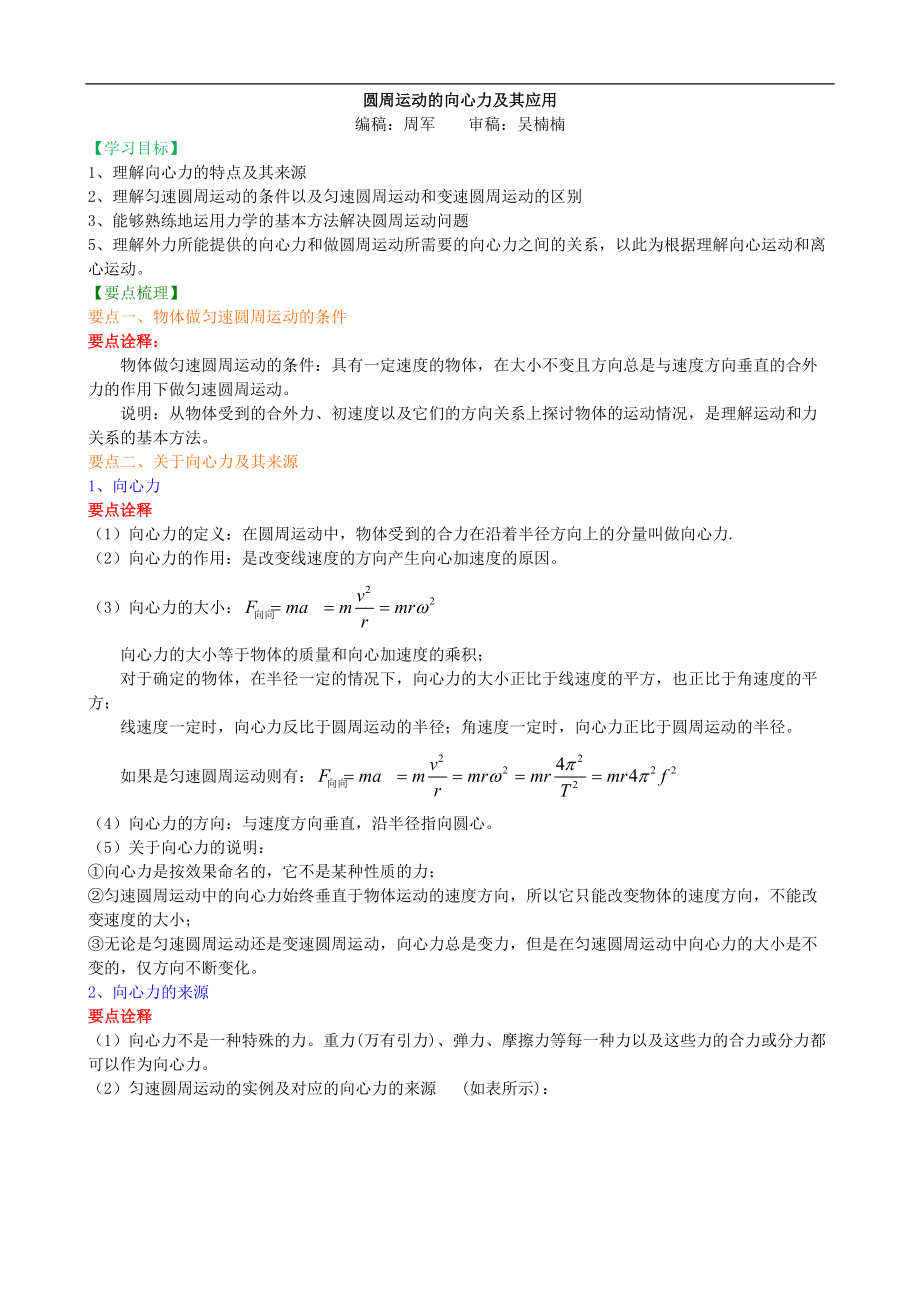 高考物理必修知識點知識講解 圓周運動的向心力及其應用 基礎_第1頁