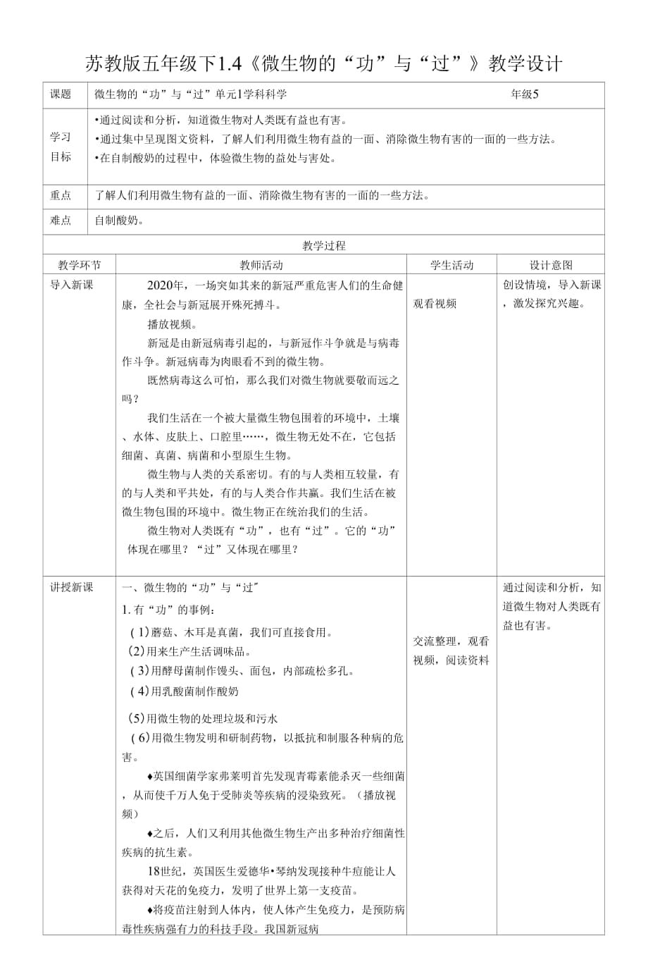 蘇教版科學(xué)五年級(jí)下冊(cè) 1-4 微生物的“功”與“過(guò)” 教案.docx_第1頁(yè)