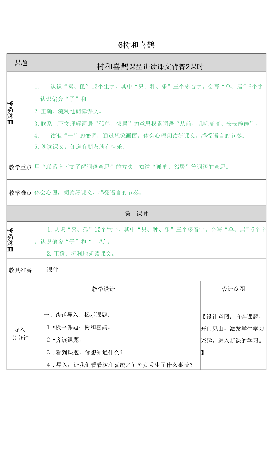 部編版一年級下冊語文6 樹和喜鵲教案.docx_第1頁