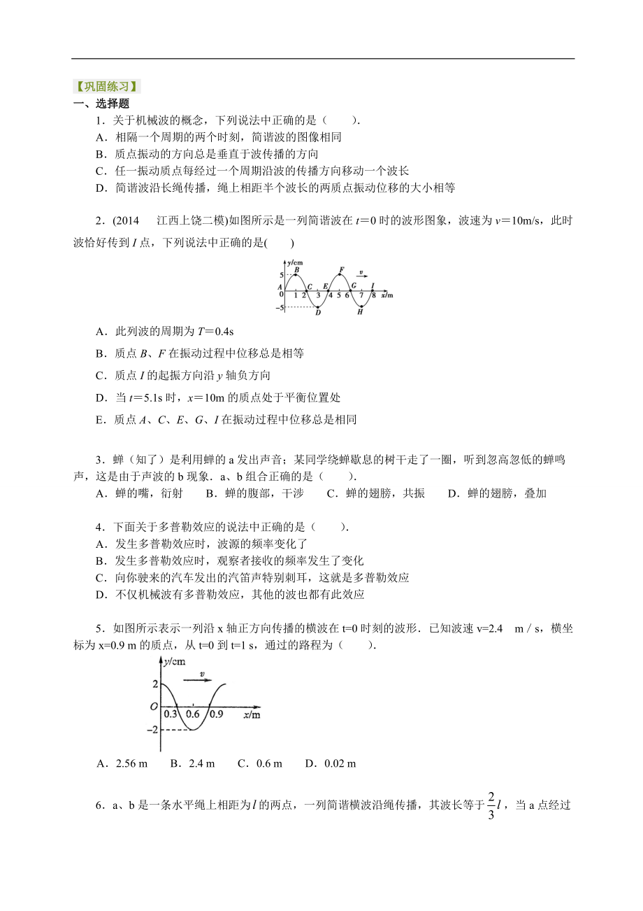 高考物理選修知識點鞏固練習(xí)機(jī)械波 復(fù)習(xí)與鞏固提高_(dá)第1頁