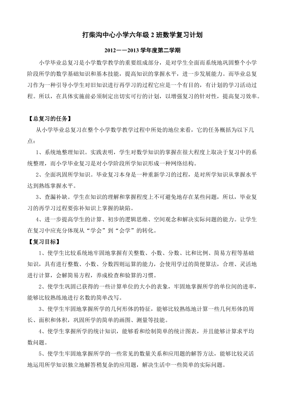 小学六年级数学毕业复习计划_第1页