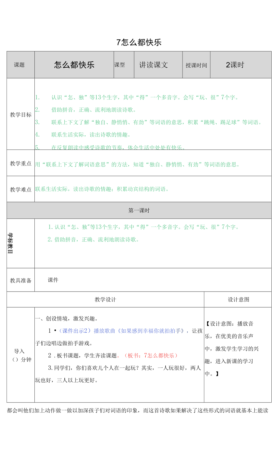 部編版一年級(jí)下冊(cè)語(yǔ)文7 怎么都快樂(lè)教案.docx_第1頁(yè)