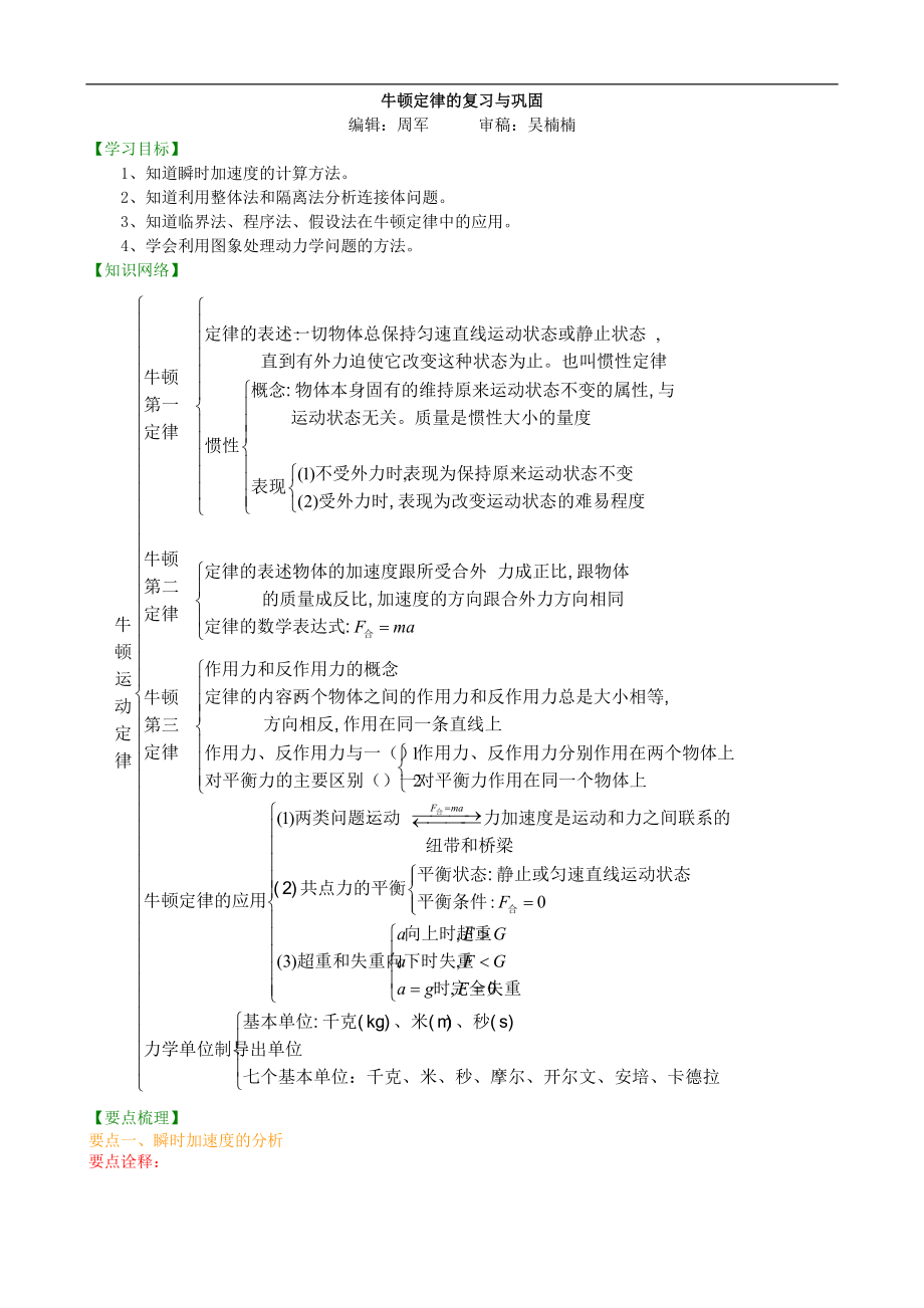 高考物理必修知識(shí)點(diǎn)知識(shí)講解 牛頓運(yùn)動(dòng)定律復(fù)習(xí)與鞏固 提高_(dá)第1頁