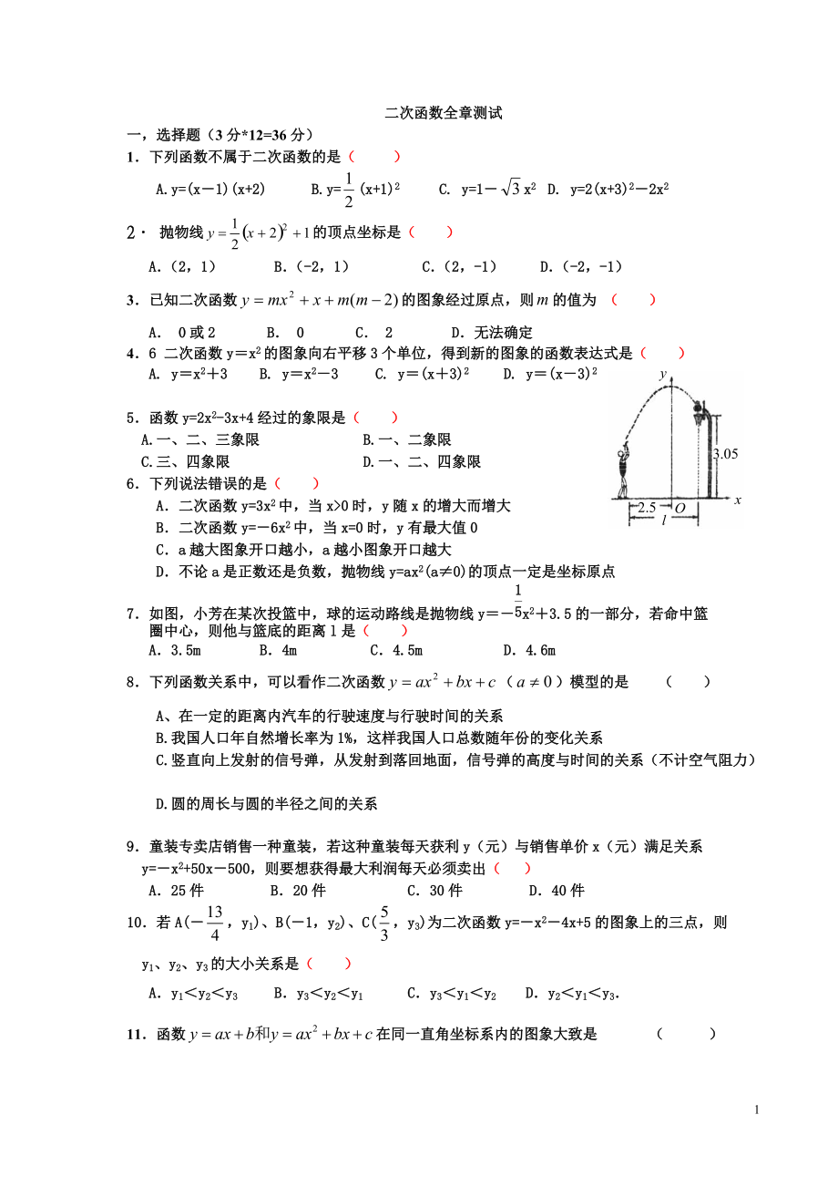 二次函数全章测试题_第1页