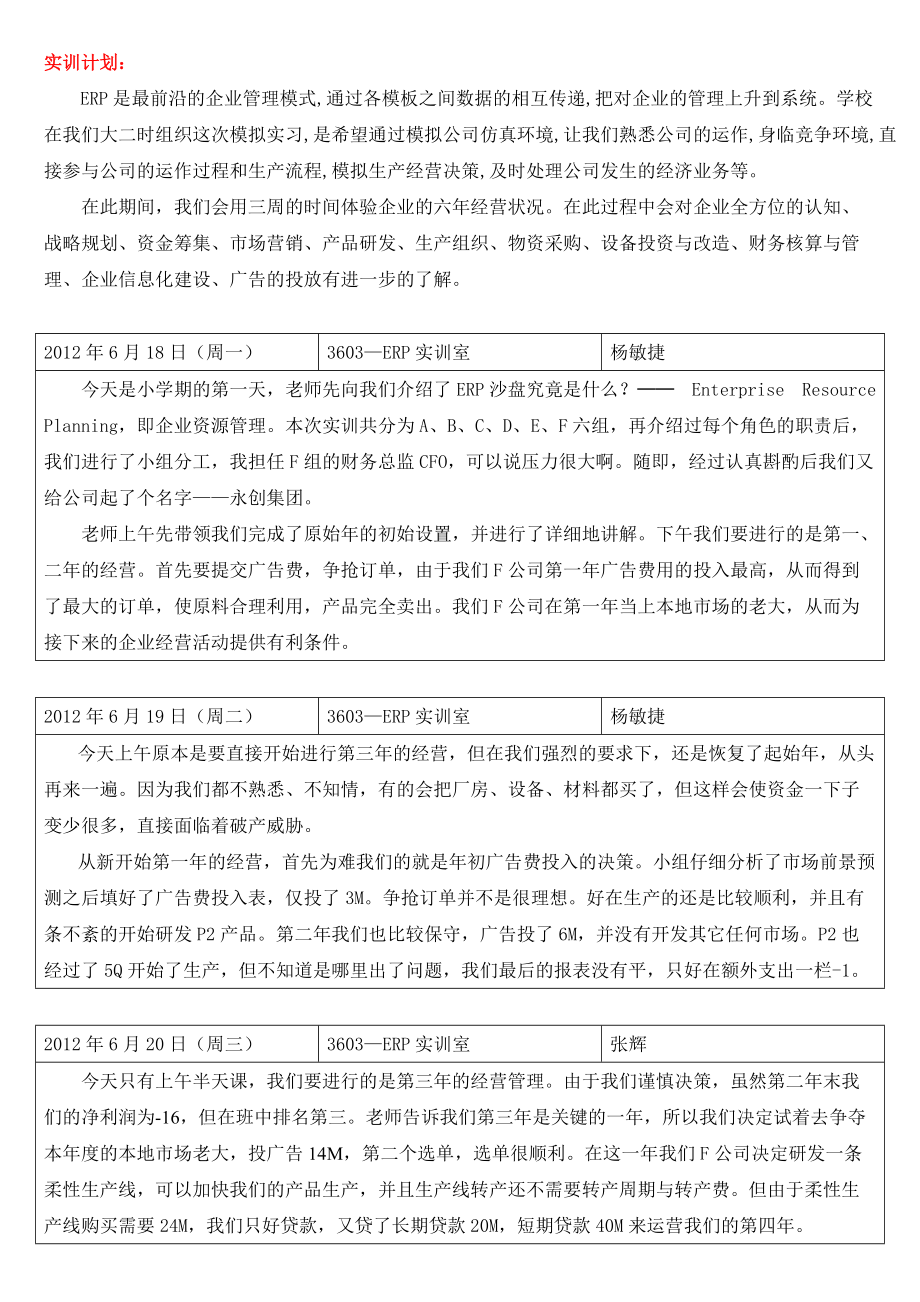 ERP沙盤實訓日記 實訓報告_第1頁