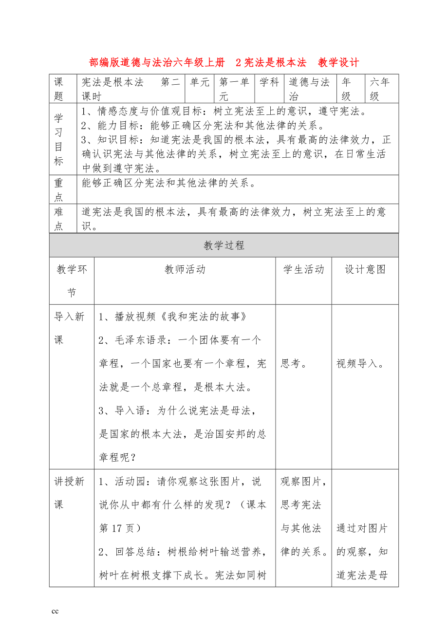 部編版道德與法治六年級(jí)上冊(cè) 憲法是根本法第2課時(shí) 教案_第1頁