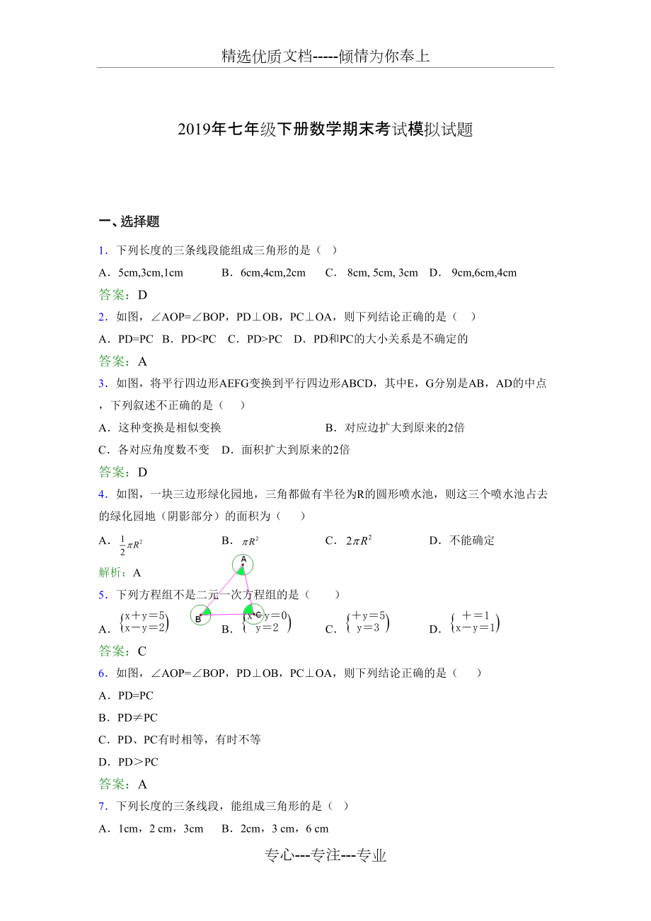 2019年七年级下册数学期末考试模拟试题NW_第1页