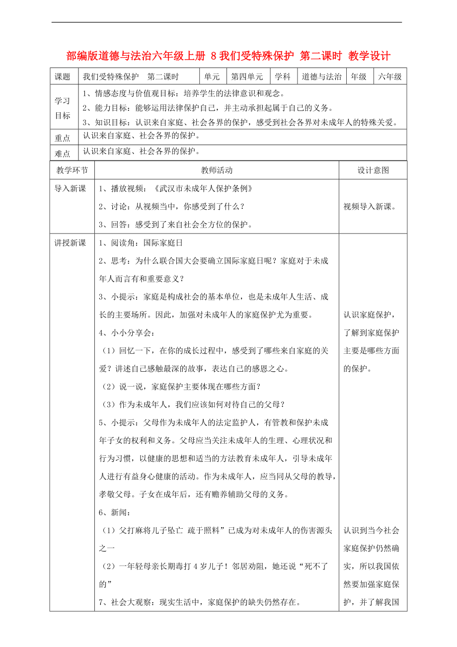 部編版道德與法治六年級(jí)上冊(cè) 我們受特殊保護(hù)第二課時(shí) 教案_第1頁(yè)