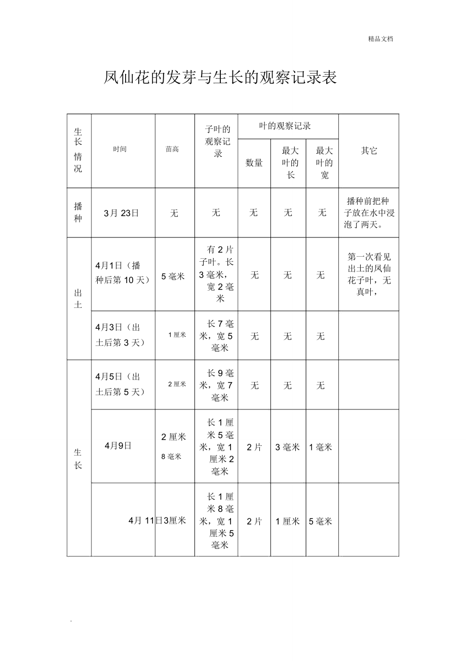 凤仙花成长记录表图片