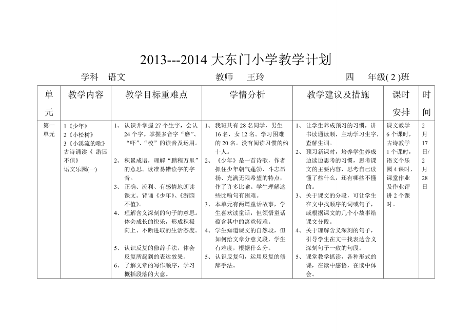 四下教学计划表王玲四（2）20143 (2)_第1页