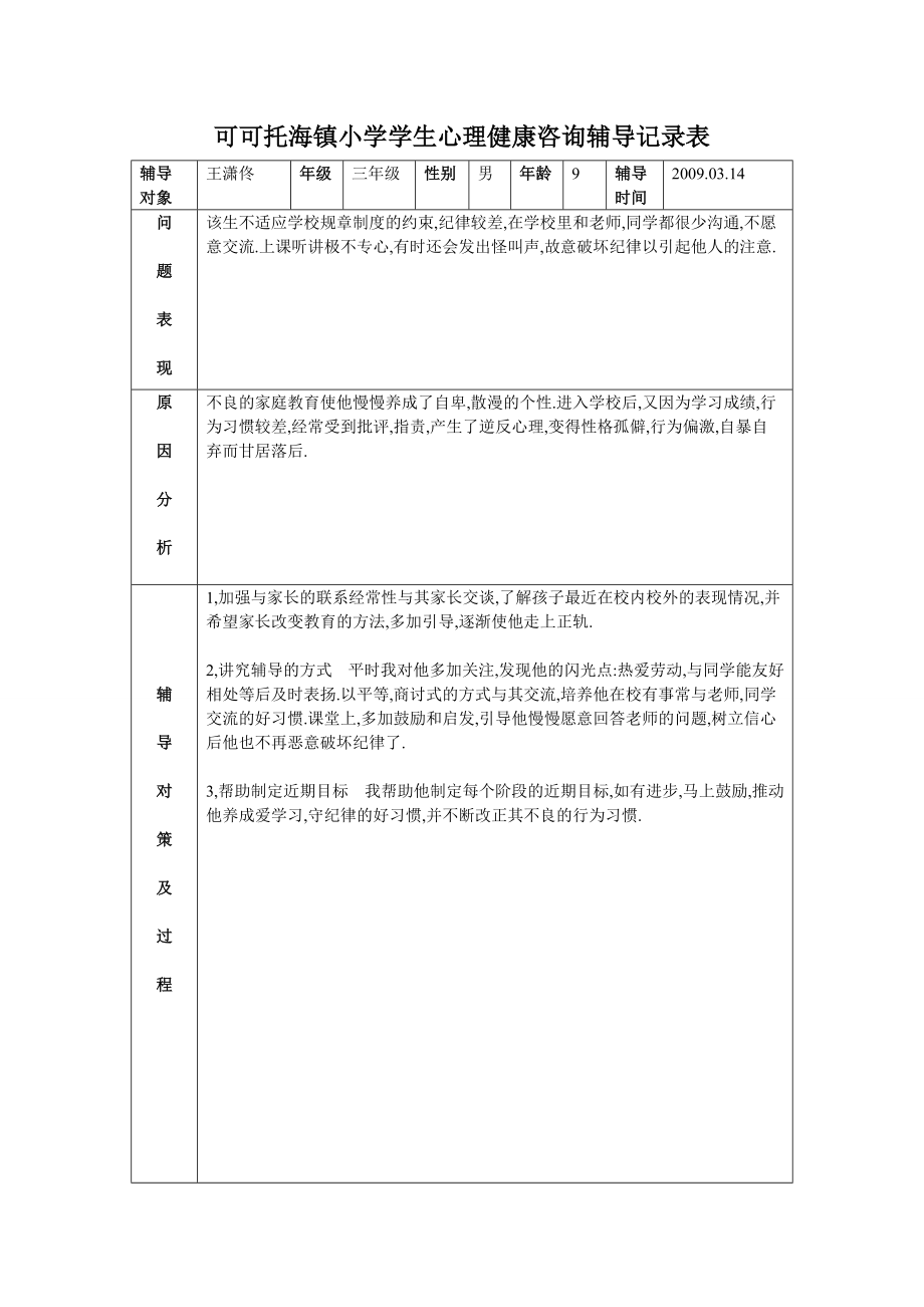 可可托海镇小学学生心理健康咨询辅导记录表_第1页