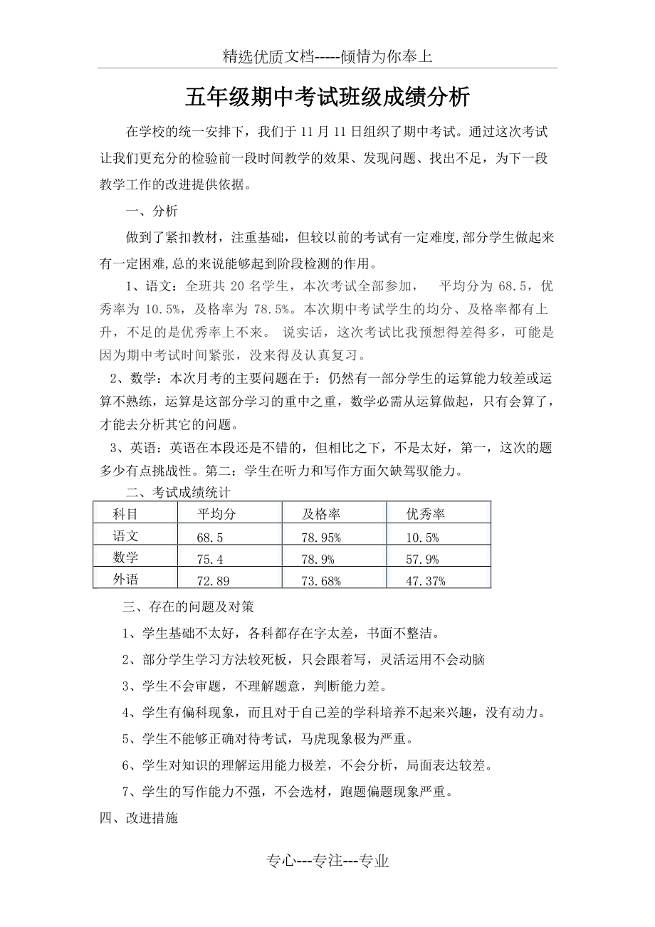 五年级期中考试班级成绩分析