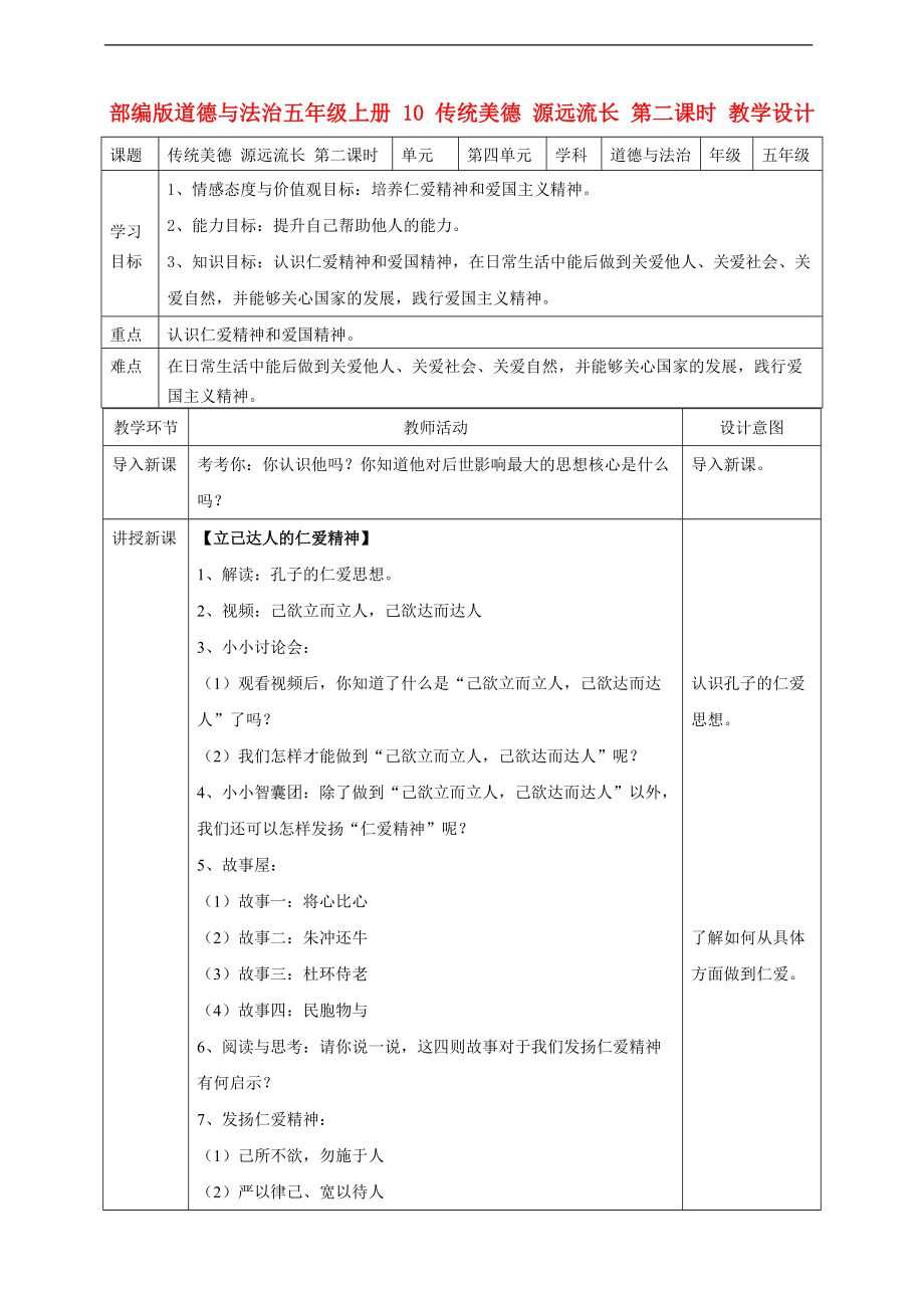 部編版道德與法治五年級上冊 傳統(tǒng)美德源遠流長第二課時 教案_第1頁