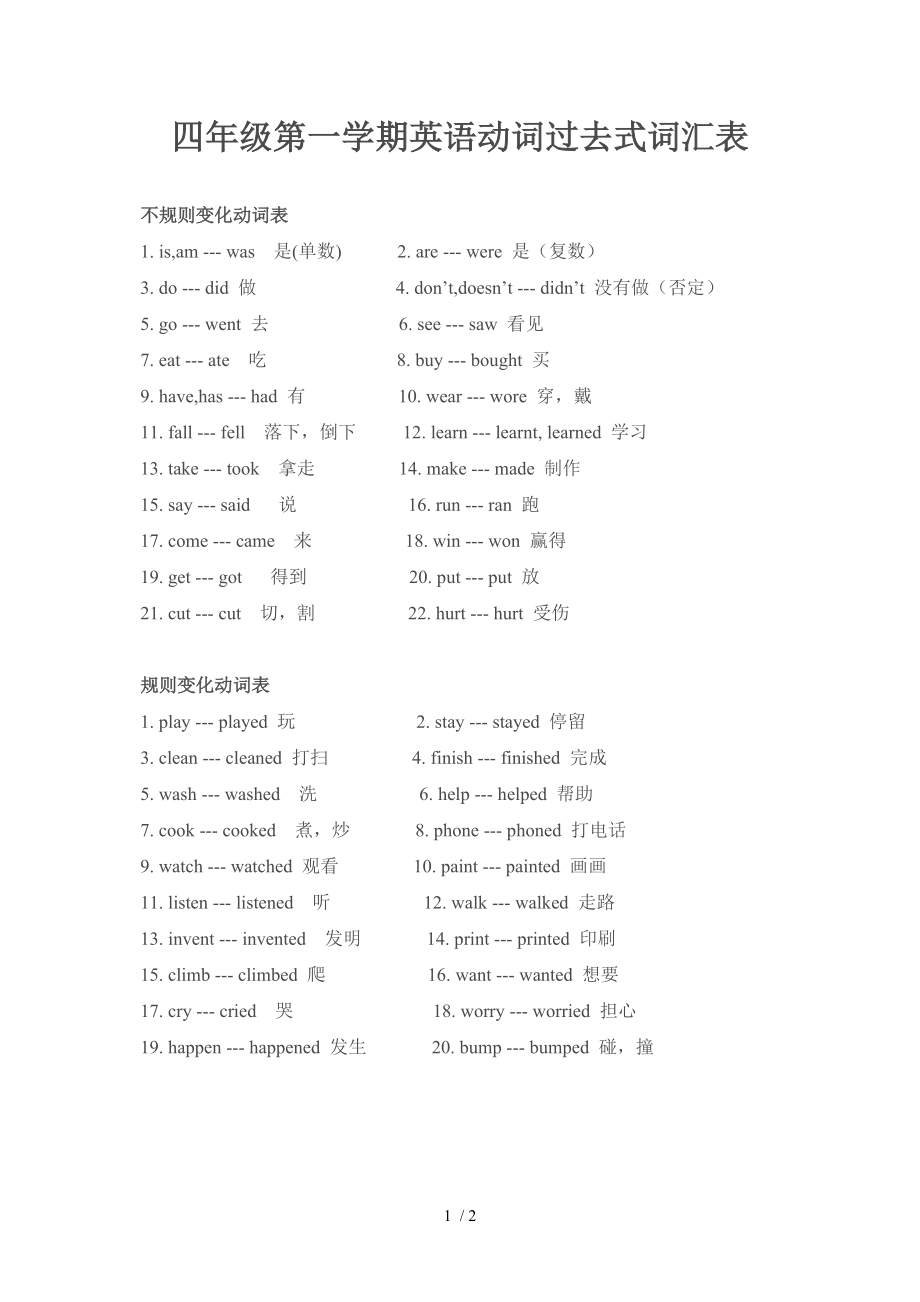 四年级第一学期英语动词过去式词汇表_第1页