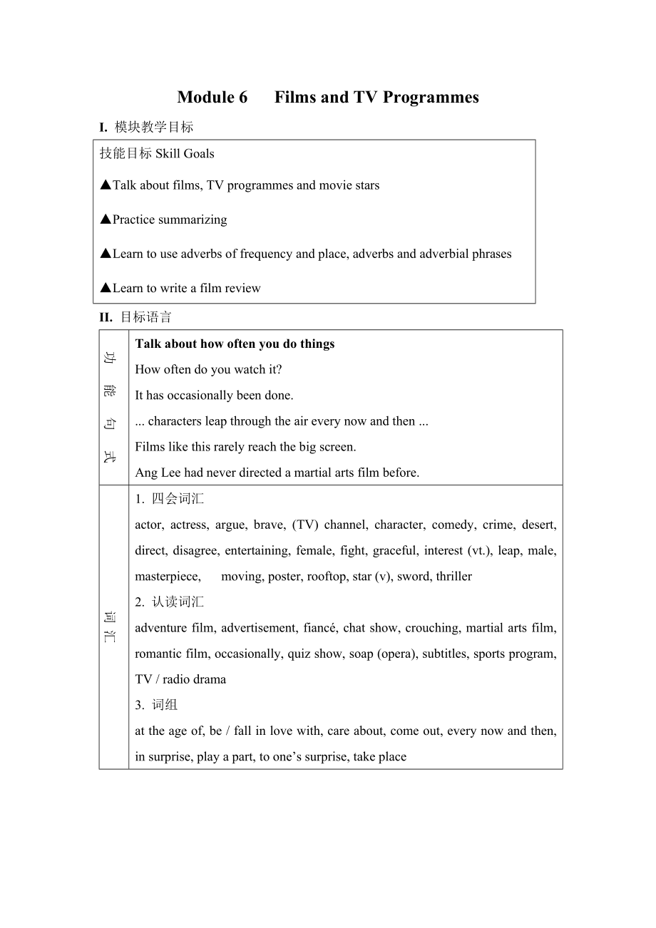 [外研版(必修2)]Module 6 Fillms and TV Programmes教案_第1頁(yè)