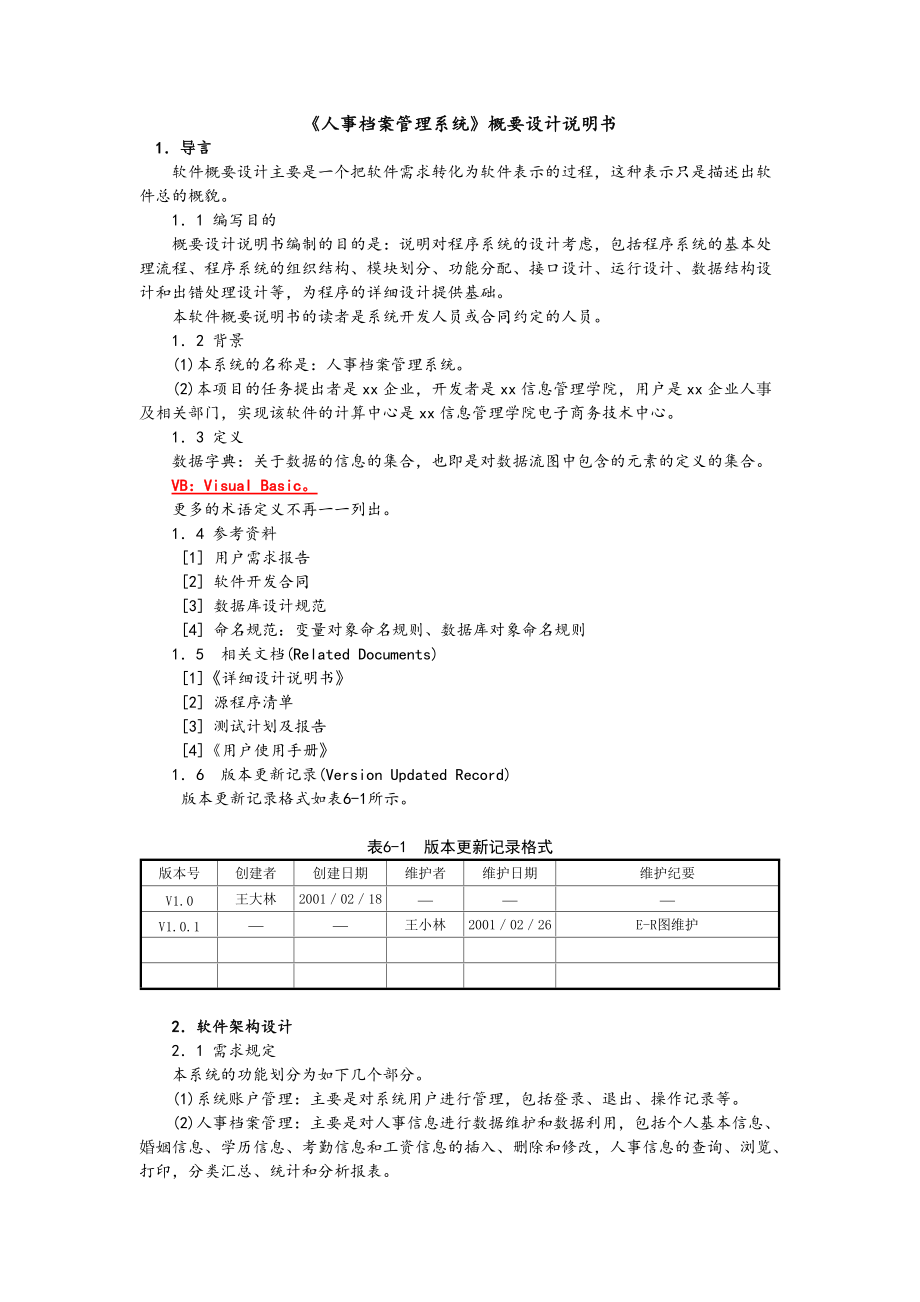 實驗 人事管理系統(tǒng) 概要設(shè)計說明書_第1頁