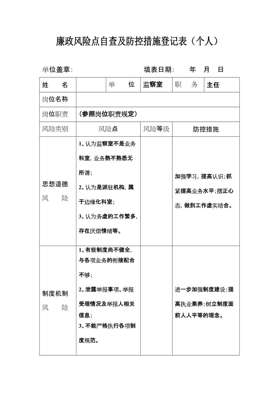 廉政风险点自查及防控措施登记表个人_第1页