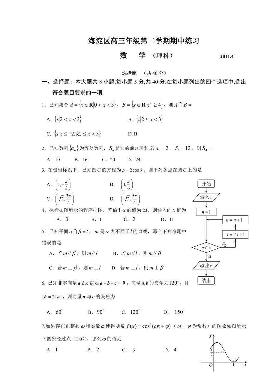 北京市海淀区高三一模数学理试题Word版带答案_第1页