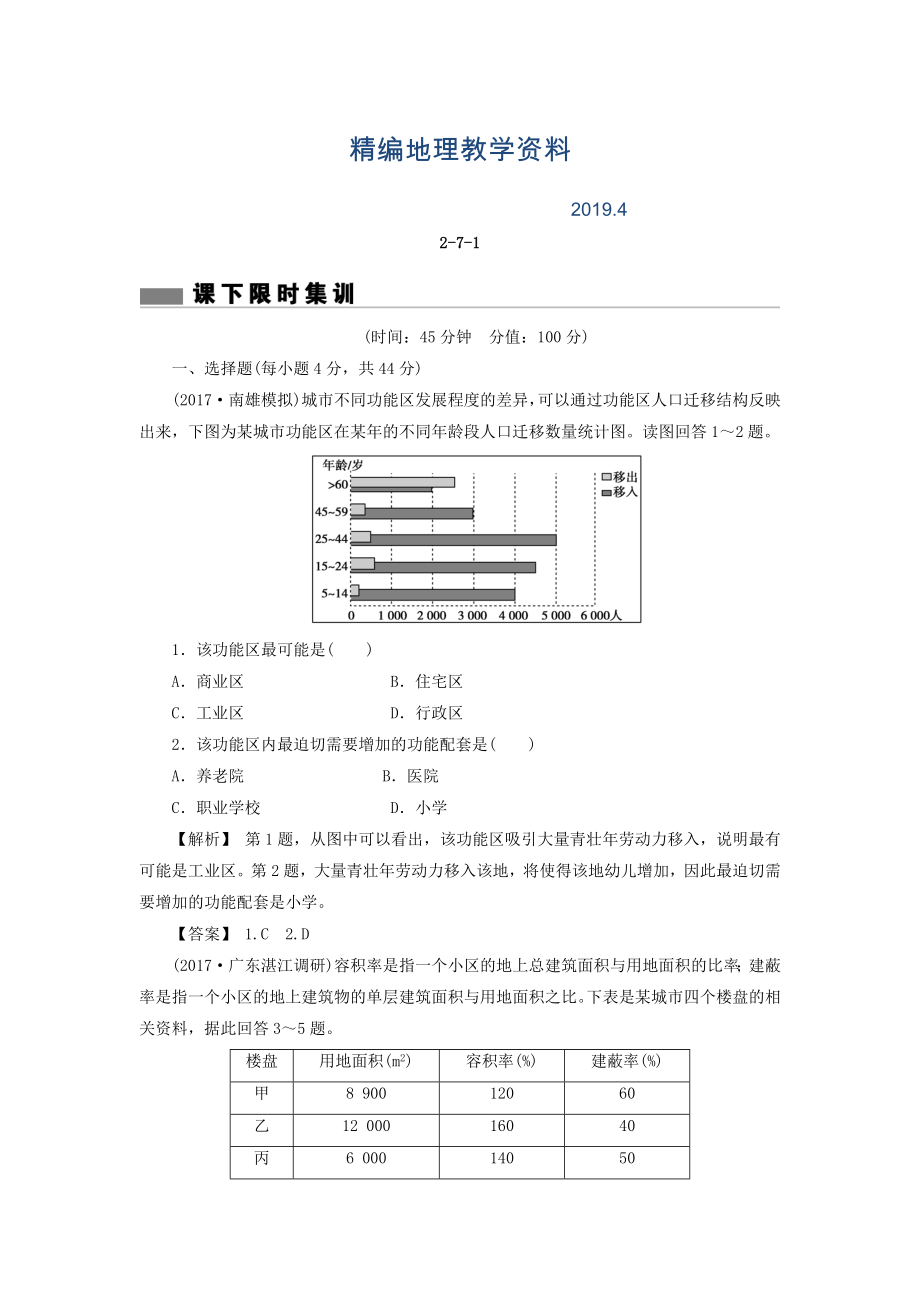 精编高考地理总复习人教版课下限时集训：第七章 城市与城市化 271 Word版含答案_第1页