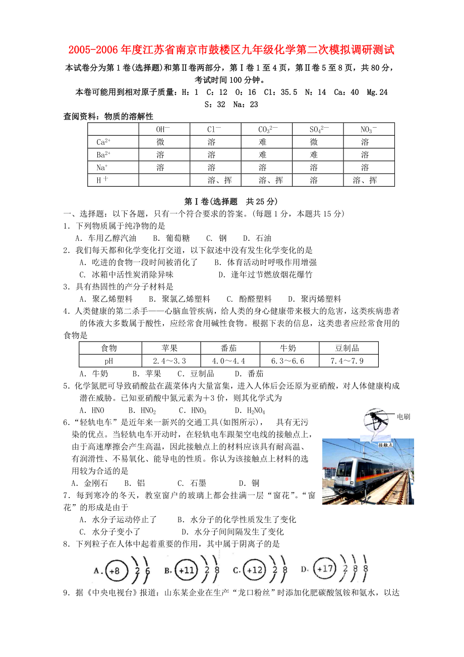 2005度江苏省南京市鼓楼区九年级化学第二次模拟调研测试卷新课标_第1页