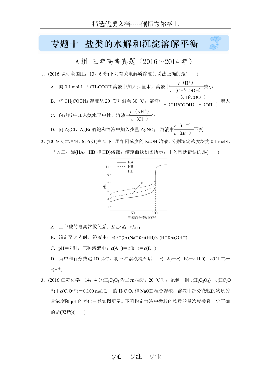 2017版《三年高考两年模拟》化学汇编专题：专题十-盐类的水解和沉淀溶解平衡(A组-三年高考真题)_第1页