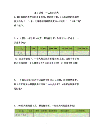 【蘇教版】四年級下冊數(shù)學(xué)：課堂作業(yè)設(shè)計 第四單元第3課時一億有多少大