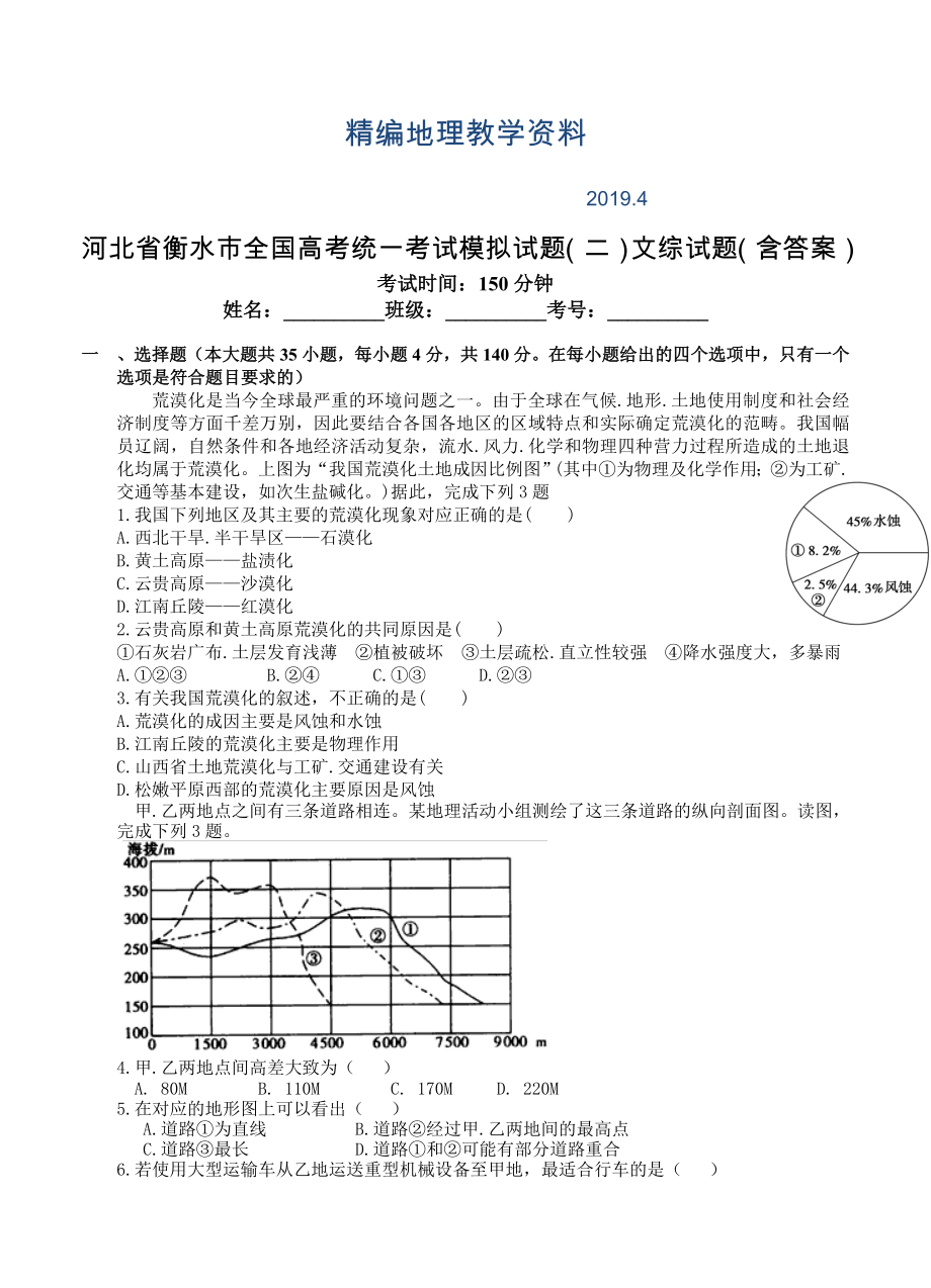 精编河北省衡水市全国高考统一考试模拟试题二文综试题含答案_第1页