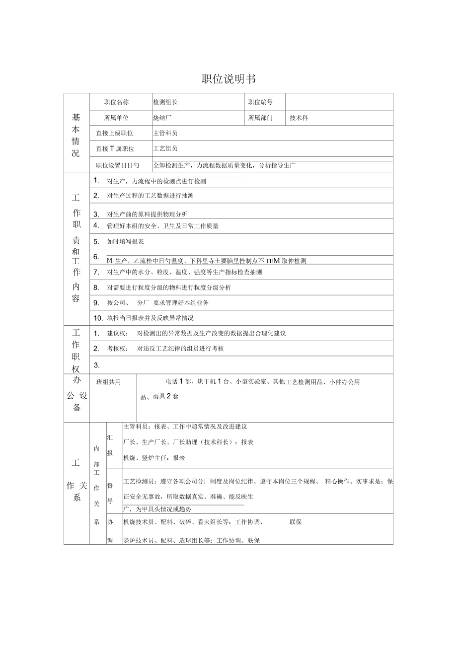 烧结厂工艺检测组长岗位说明书_第1页