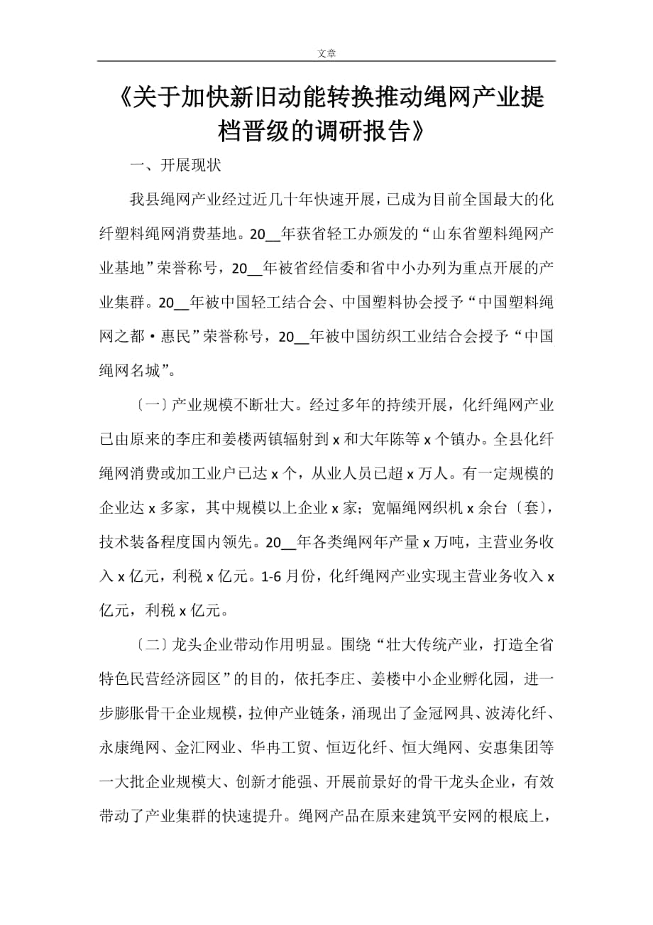 《关于加快新旧动能转换推动绳网产业提档升级的调研报告》_第1页