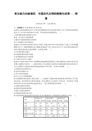 【志鴻優(yōu)化設(shè)計(jì)】高考?xì)v史二輪總復(fù)習(xí)練習(xí)：?jiǎn)卧?jí)訓(xùn)練 專題四 中國(guó)古代文明的輝煌與遲滯——明清