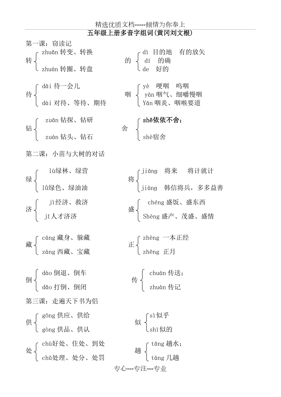 人教版五年级全册各课多音字汇总