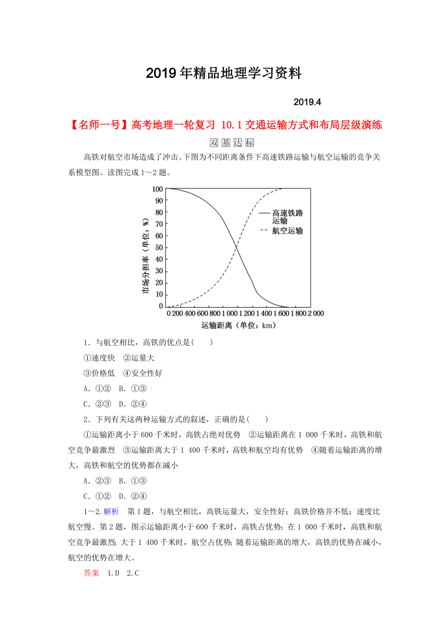 【名师一号】高考地理一轮复习 10.1交通运输方式和布局层级演练_第1页