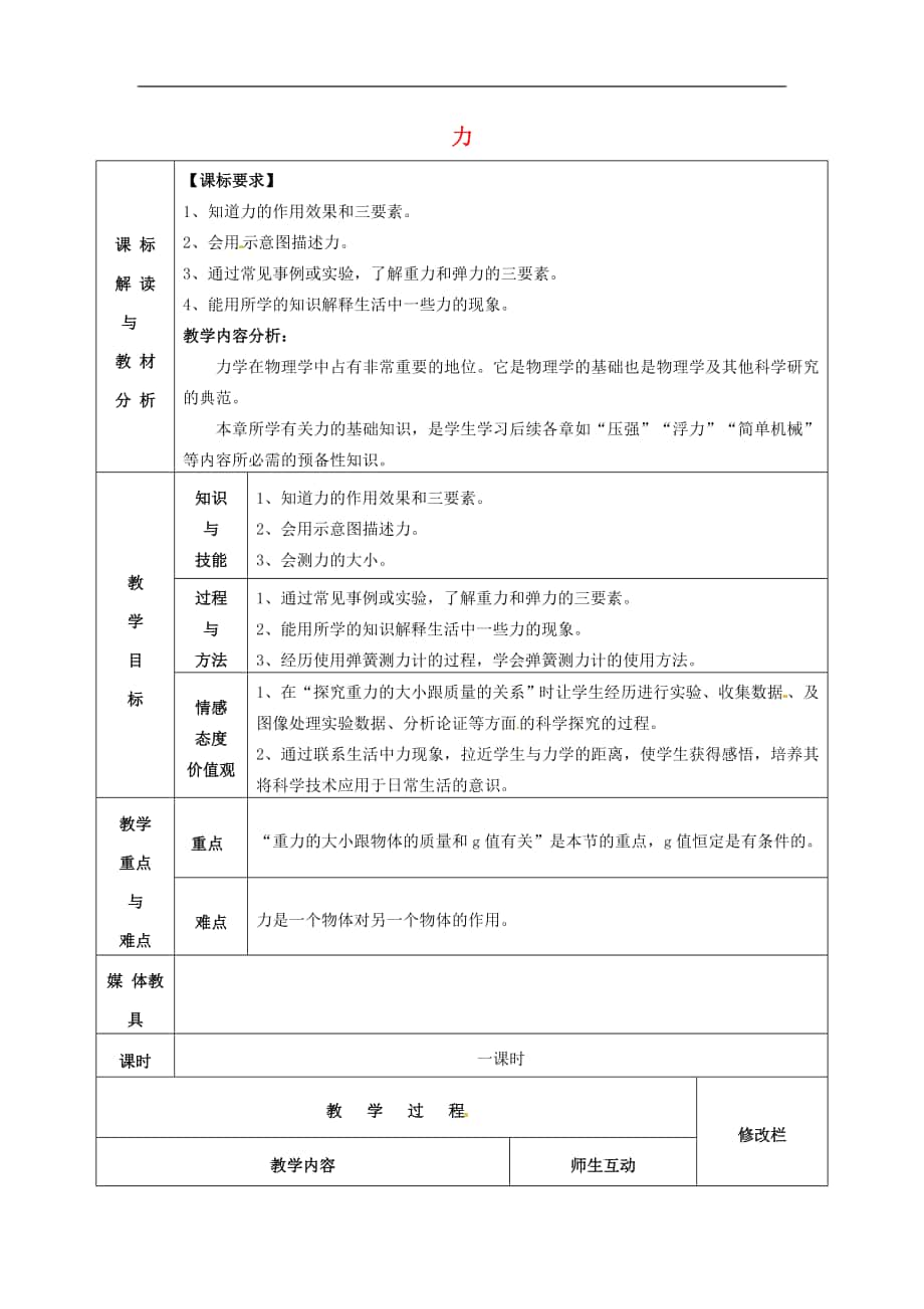 甘肅省武威第十一中學(xué)2018年八年級(jí)物理下冊(cè)《第七章 力》教案 （新版）新人教版_第1頁(yè)