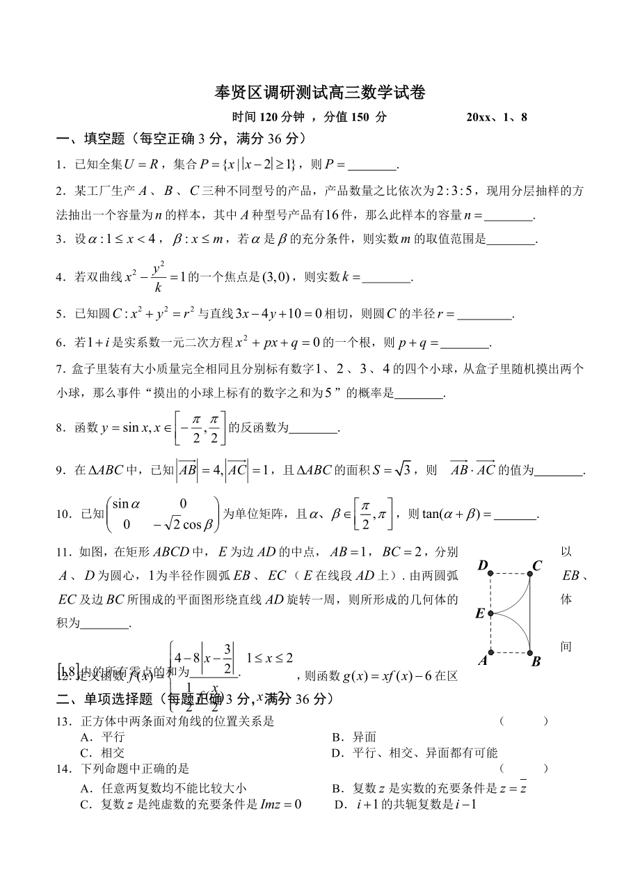 上海市奉贤区高三上学期期末考试一模数学试题及答案_第1页